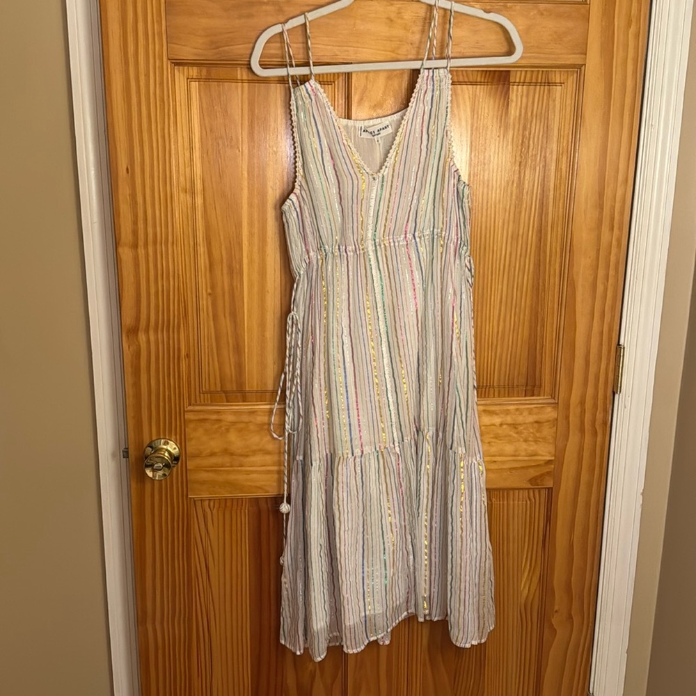 Apiece Apart White Rainbow Lurex Stripe Cotton Dress. Fully Lined
